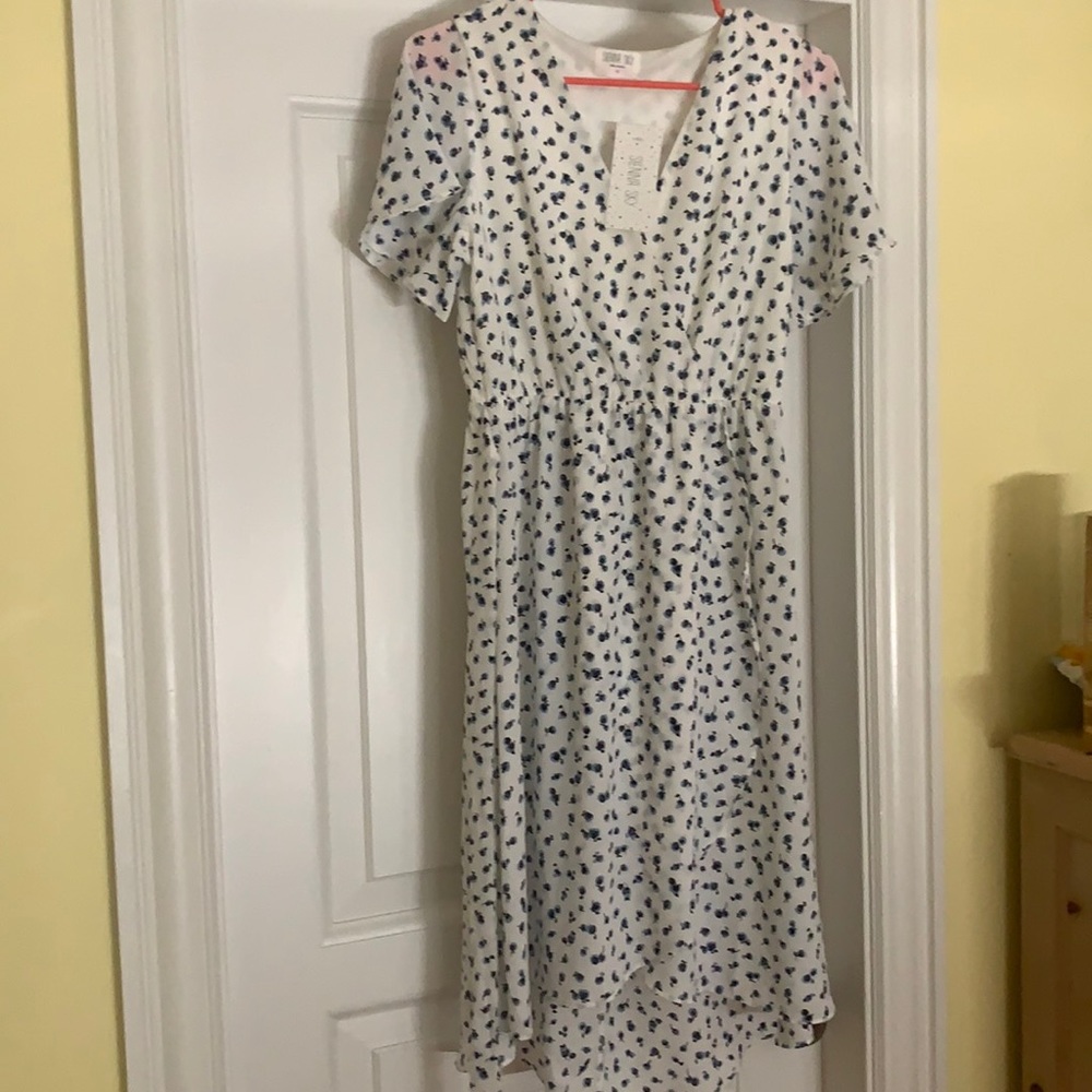 White and blue floral print dress